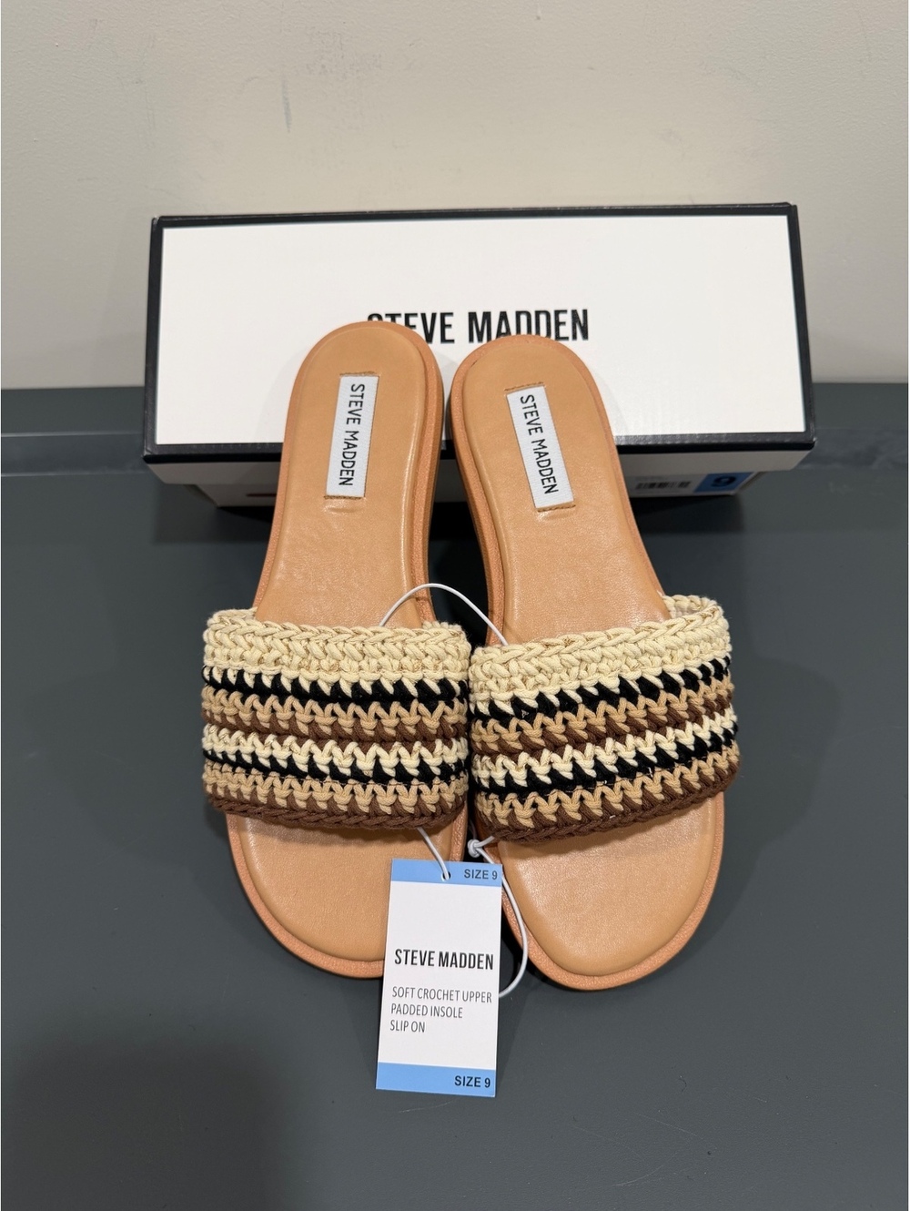 Steve Madden Tanyah Crochet Slide Sandals Nat Multi NWT Box Women’s Size 8